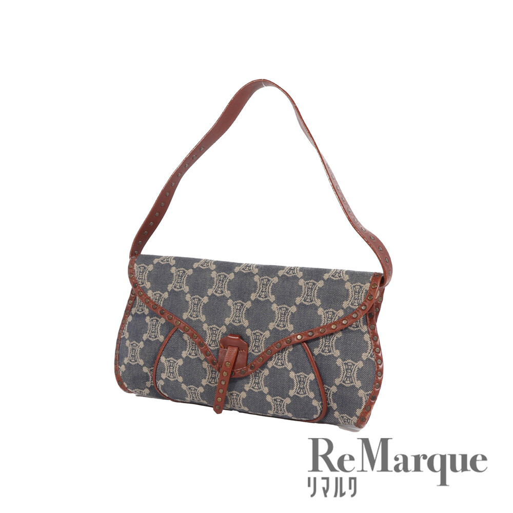 CELINE Macadam One Shoulder Hobo Bag Handbag Indigo Blue Denim Leather